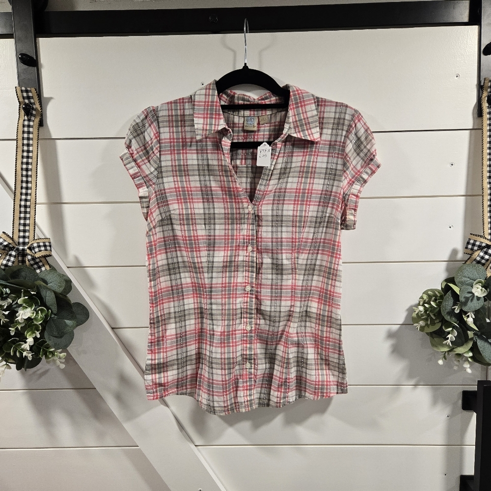 SO Pink Gray Cap Sleeve Button Down Shirt, SZ Large